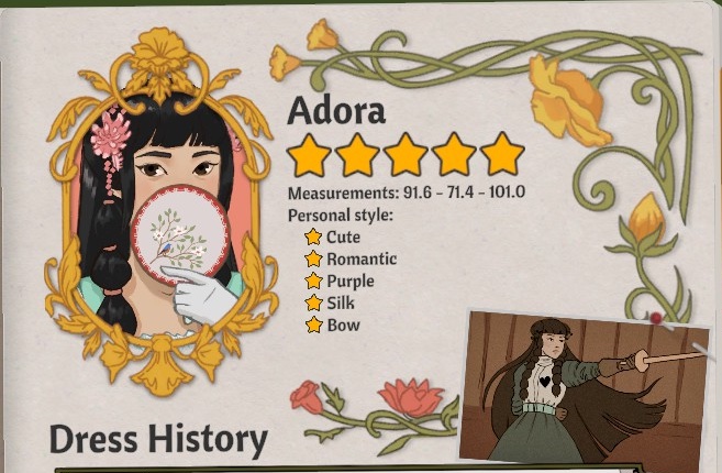 Adora's journal card showing her portrait, measurements and preference lines