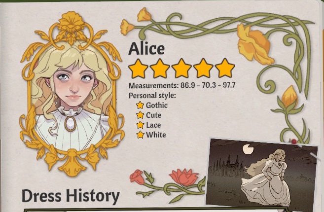 Alice's journal card showing her portrait, measurements and preference lines