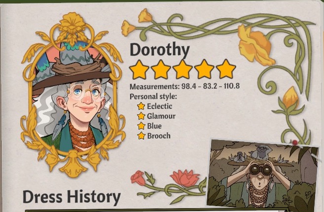 Dorothy's journal card showing her portrait, measurements and preference lines