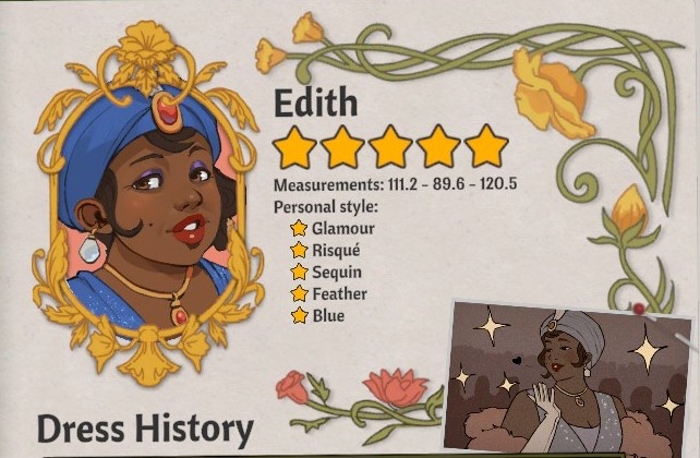 Edith's journal card showing her portrait, measurements and preference lines