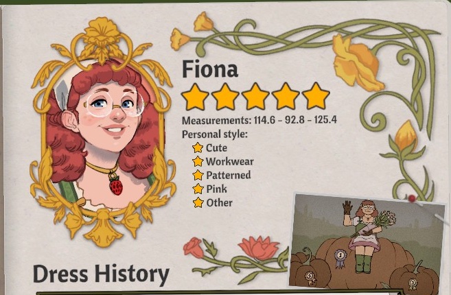 Fiona's journal card showing her portrait, measurements and preference lines