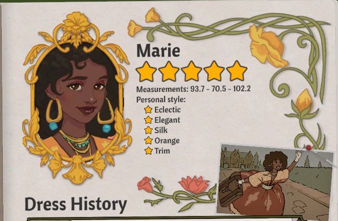 Marie's journal card showing her portrait, measurements and preference lines