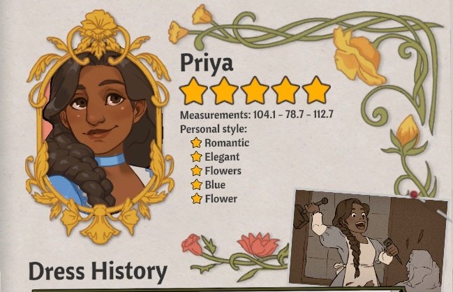 Priya's journal card showing her portrait, measurements and preference lines