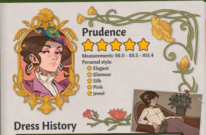 Prudence's journal card showing her portrait, measurements and preference lines