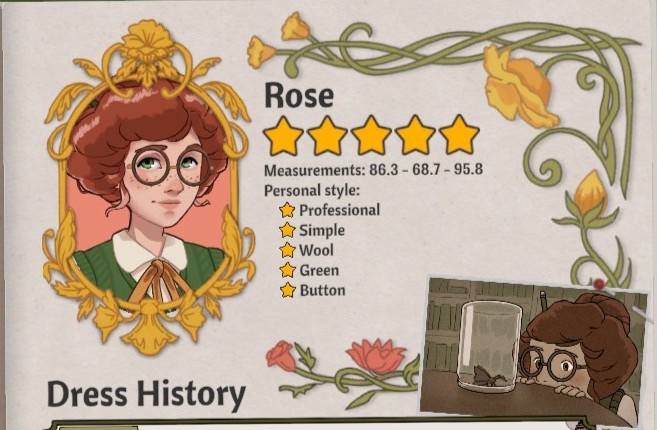 Rose's journal card showing her portrait, measurements and preference lines