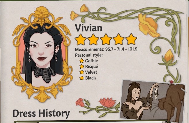 Vivian's journal card showing her portrait, measurements and preference lines