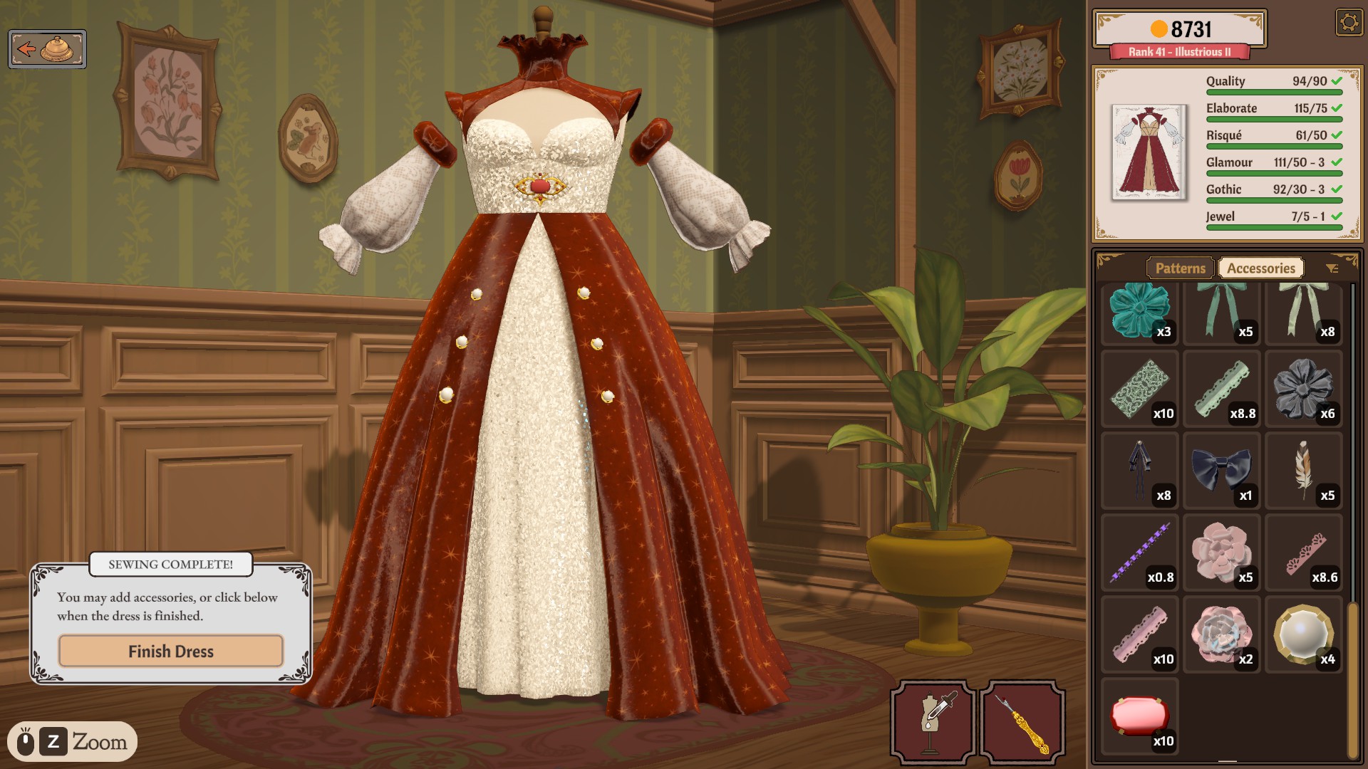 Belladonna gown with jewel decorations, showing green style rows, Quality 94/90 and a Jewel requirement of five at the Finish Dress stage