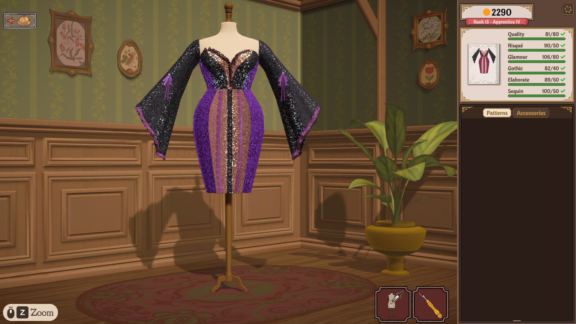 A sequin dress on the mannequin with the requirements sidebar showing Quality, Risqué, Glamour, Gothic, Elaborate and Sequin share rows all green