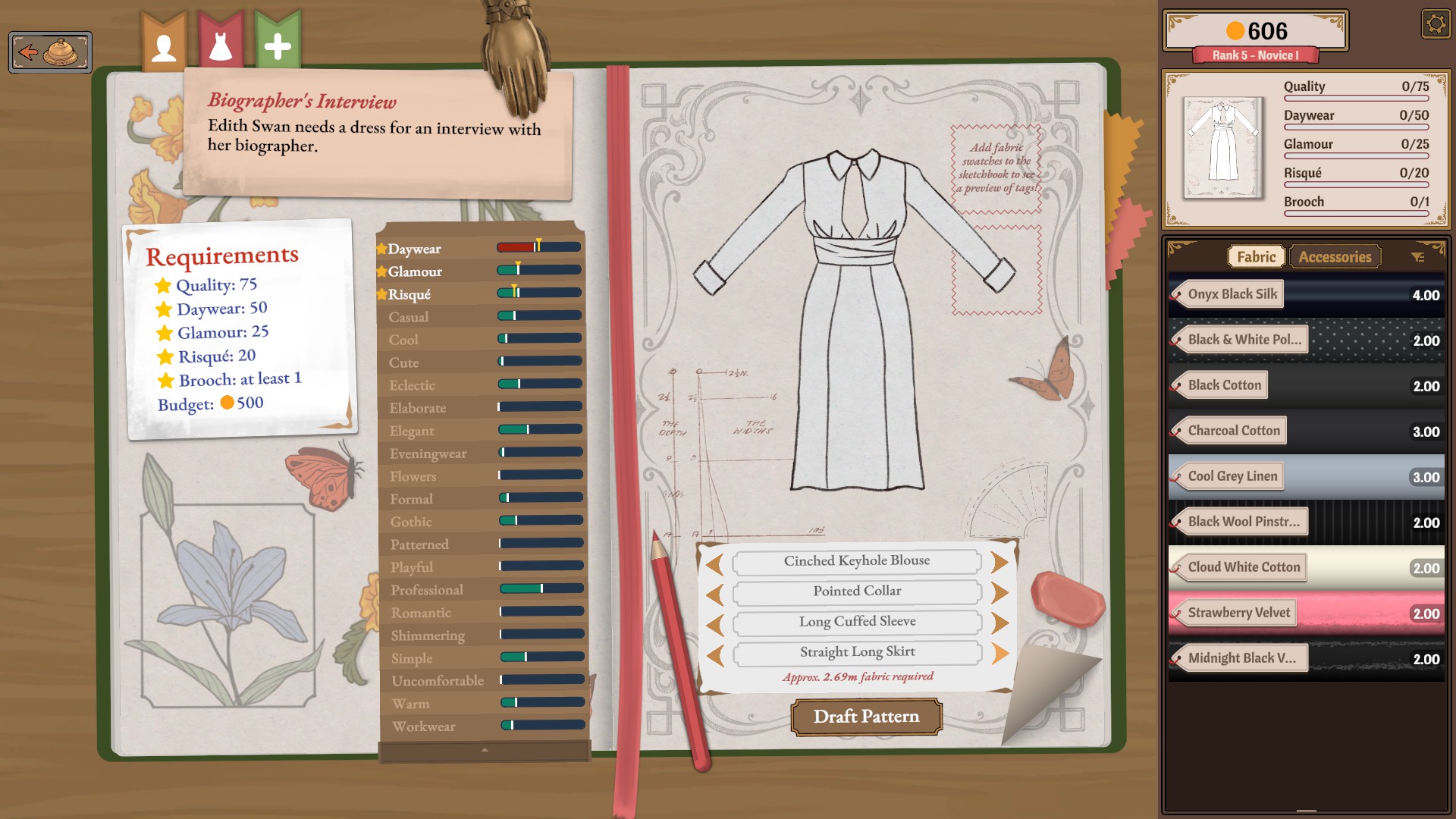 Interview sketchbook with cinched keyhole blouse, pointed collar, long cuffed sleeves and straight long skirt, beside the Quality, style and one-brooch requirements