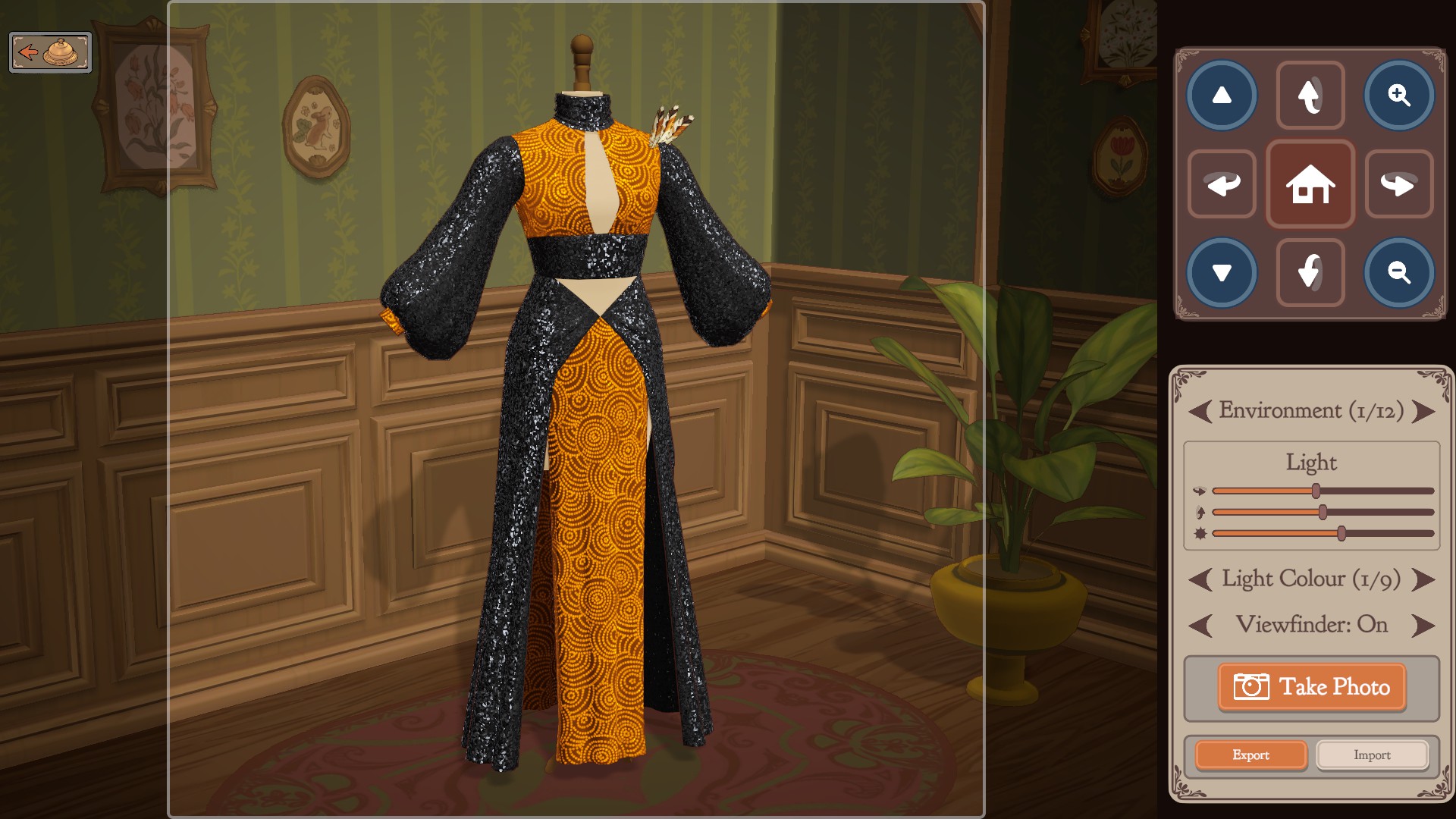 An orange and black sequin dress with a keyhole bodice on a mannequin, photographed in photo mode