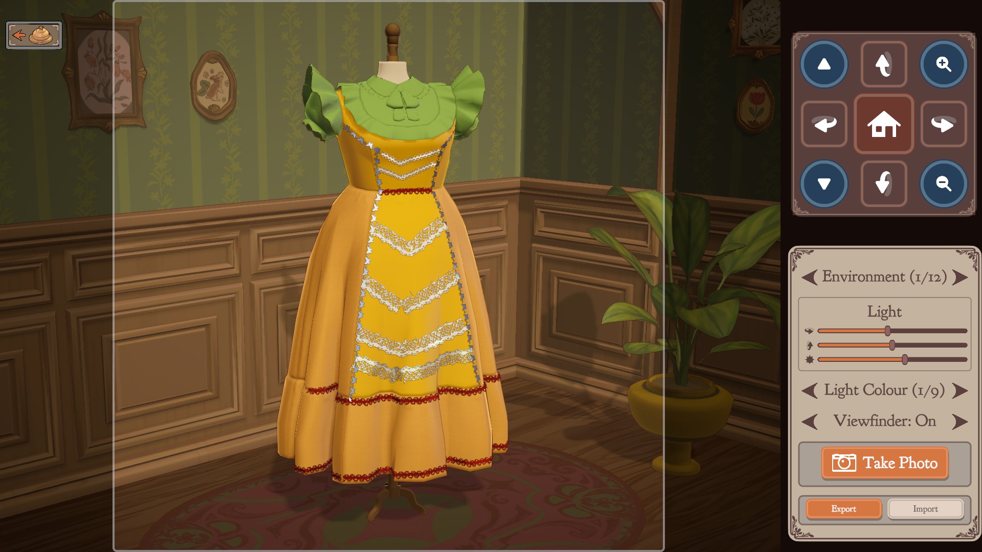 A yellow and green costume-style dress with lace tiers on a mannequin in photo mode