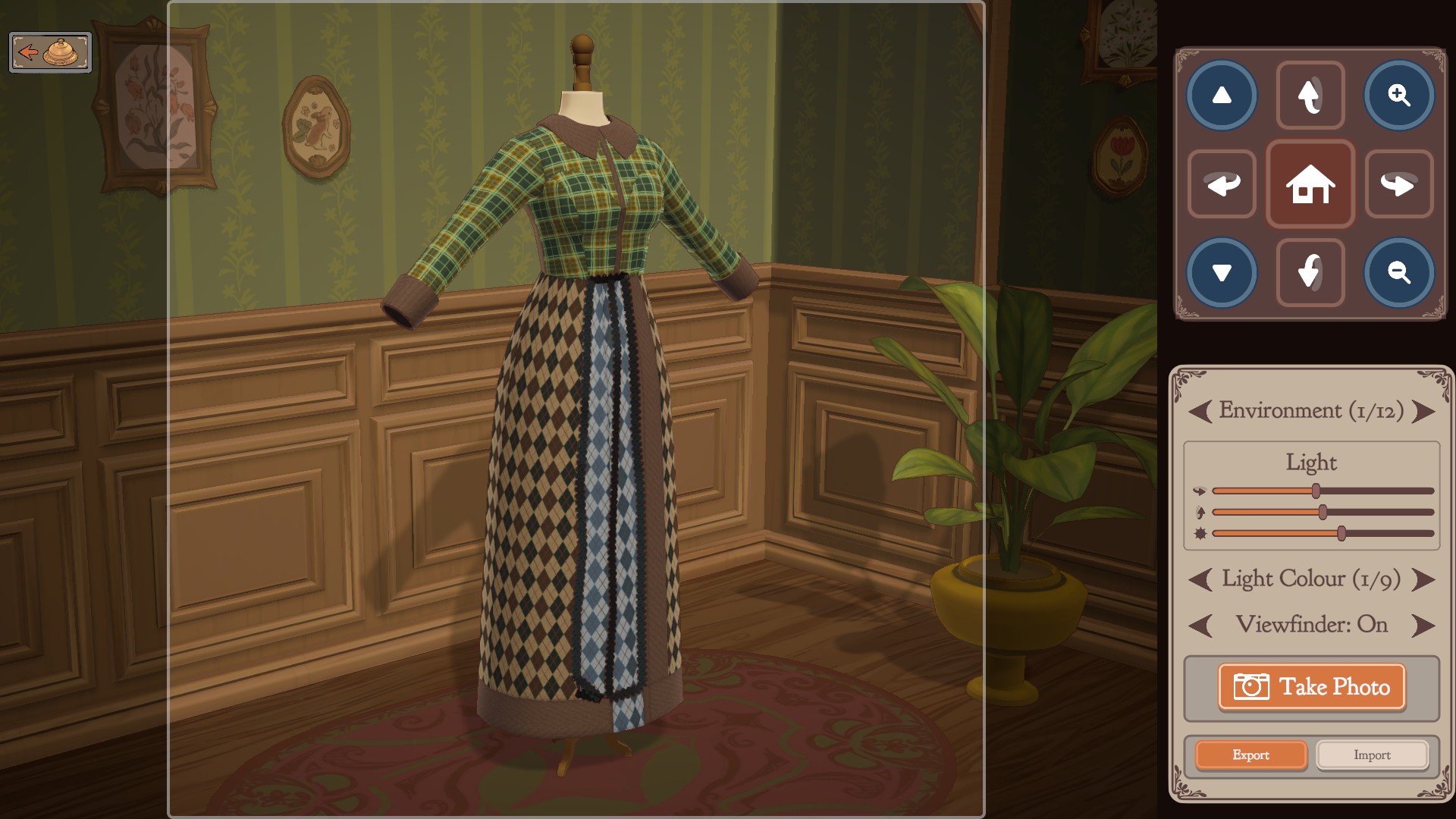 A long-sleeved plaid bodice and long argyle skirt on a mannequin, photographed in the game's photo mode