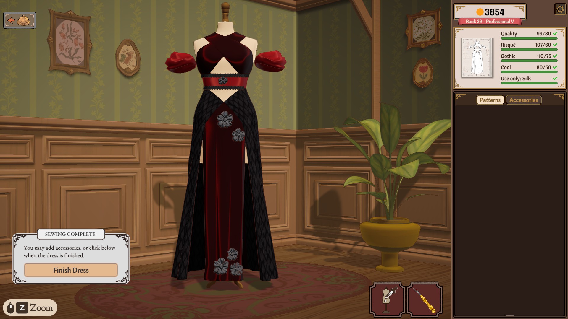 A red and black silk gown on the mannequin with the requirements sidebar showing Quality, Risqué, Gothic and Cool rows green beside a Use only: Silk line and a Sewing Complete dialog