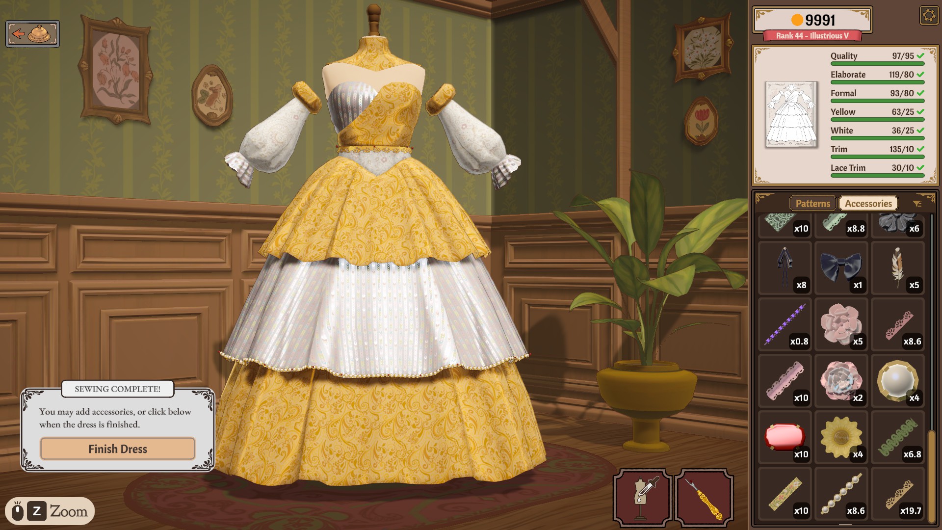 A yellow and white gown on the mannequin with the requirements sidebar showing Quality, Elaborate, Formal, Yellow, White, Trim and Lace Trim rows all green beside a Sewing Complete dialog