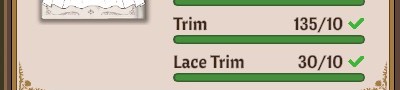 Close-up of the requirements sidebar showing the Trim and Lace Trim length rows with green ticks