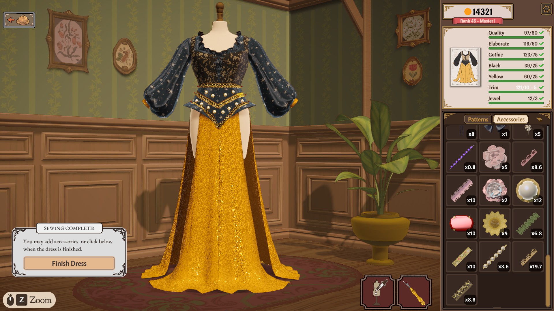 A yellow and black gown on a mannequin with Black 39/25, Yellow 60/25, Trim 121/10 and Jewel 12/3 green, alongside Gothic, Elaborate and Quality