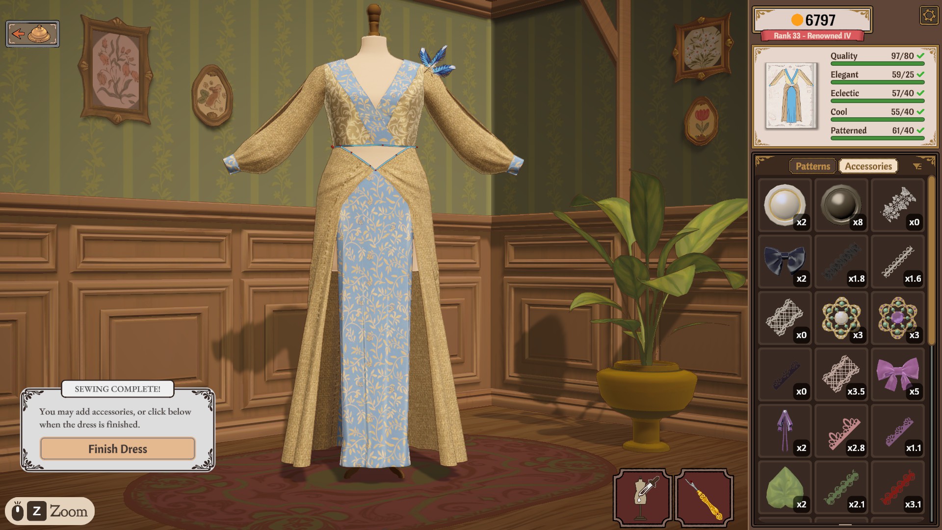 Tan dress with patterned contrasting fabric, showing Elegant 59/25, Eclectic 57/40, Cool 55/40, Patterned 61/40 and Quality 97/80 green