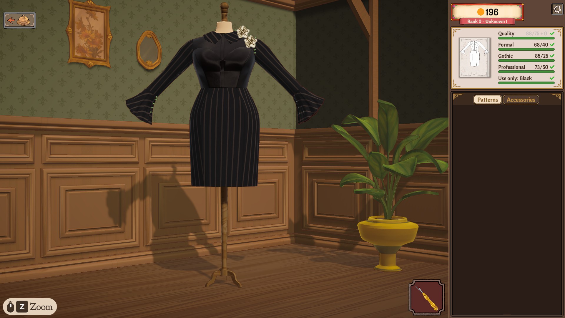 A black pinstripe dress on the mannequin with the requirements sidebar showing Quality, Formal, Gothic and Professional rows green and a Use only: Black line