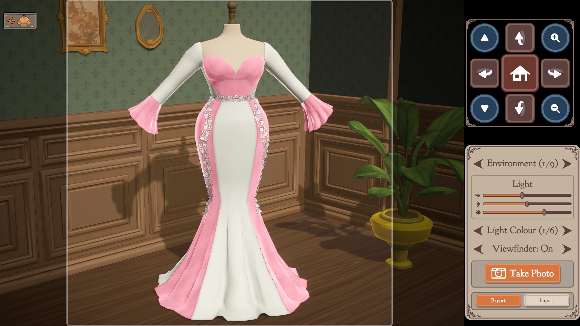 A pink and white mermaid gown with lace trim on a mannequin in photo mode
