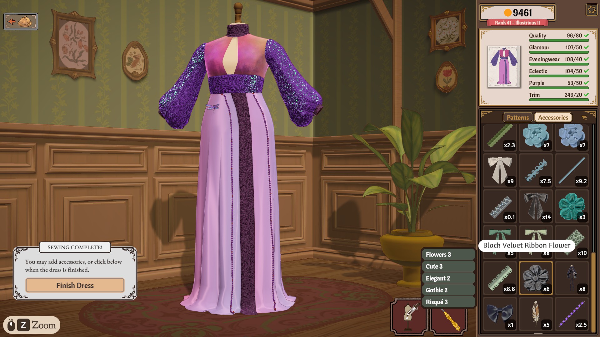 A gala dress at sewing-complete stage with the sidebar showing a Trim length of 246 against a requirement of 20 among green rows