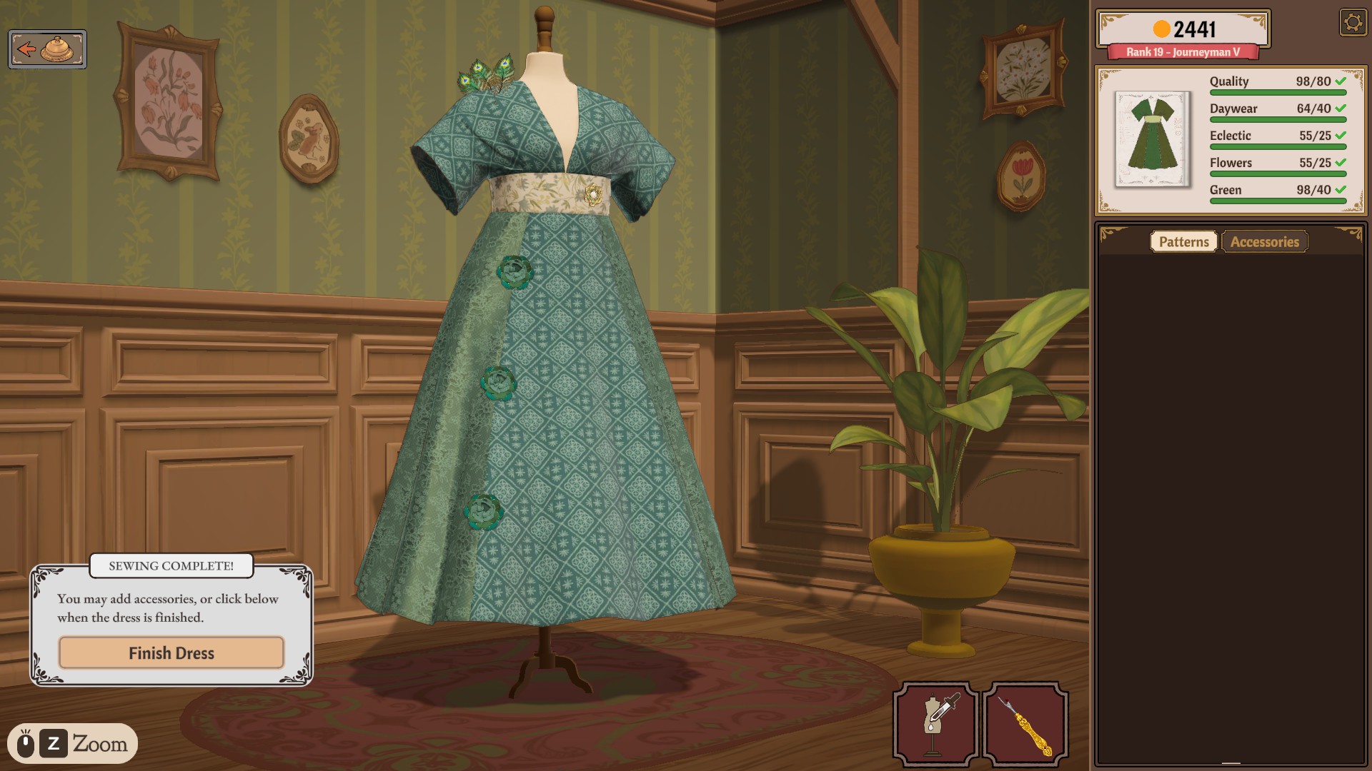 A green floral dress on the mannequin with the requirements sidebar showing Quality, Daywear, Eclectic, Flowers and Green share rows all green beside a Sewing Complete dialog