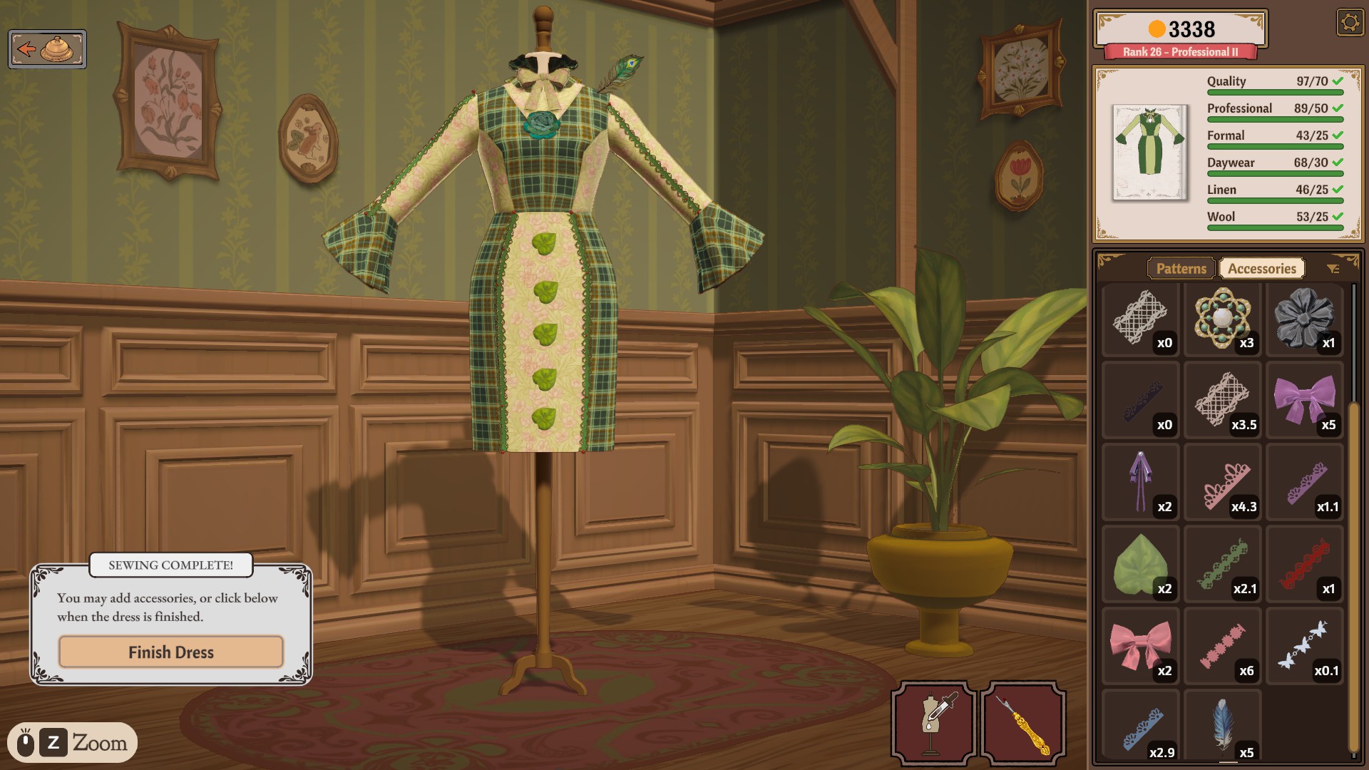 A dress on the mannequin showing Linen 46/25 and Wool 53/25 green alongside Professional 89/50, Formal 43/25, Daywear 68/30 and Quality 97/70