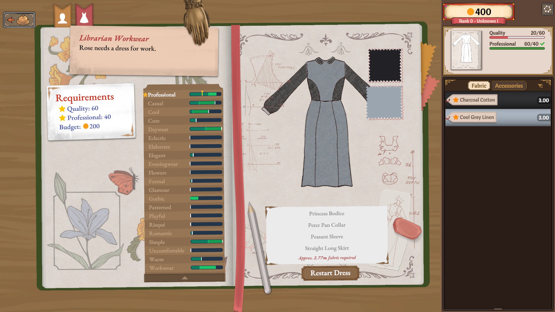 Rose's Librarian Workwear sketchbook page showing Quality 60, Professional 40, Budget 200, a four-piece pattern and existing Cool Grey Linen and Charcoal Cotton