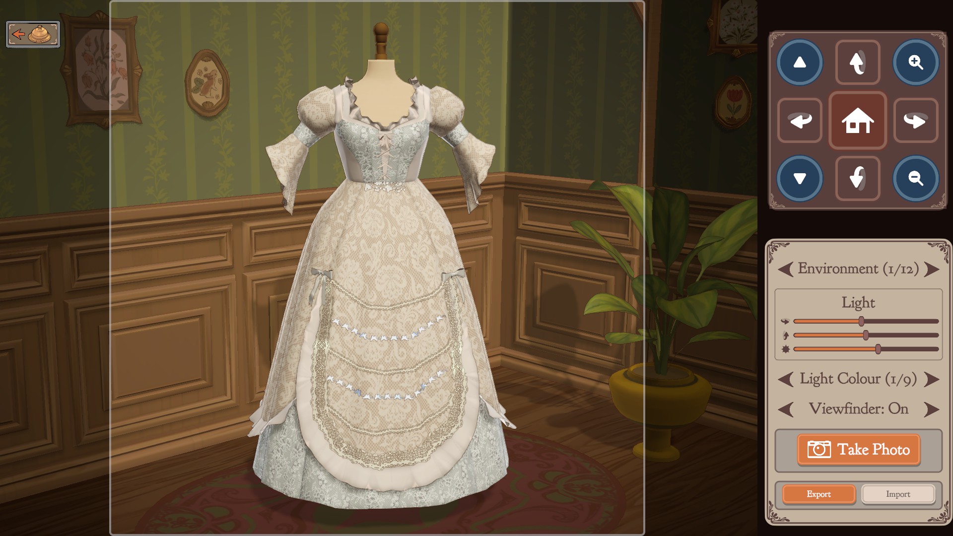 An all-white lace gown on a mannequin, photographed in the game's photo mode