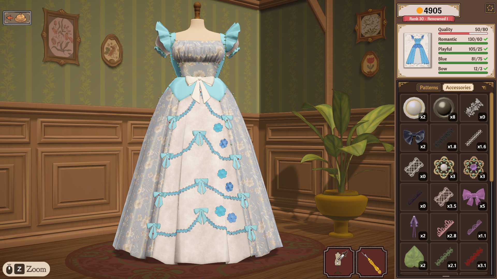 A blue dress on the mannequin with the requirements sidebar showing Quality 50/80 in red while Romantic, Playful, Blue and Bow rows are green