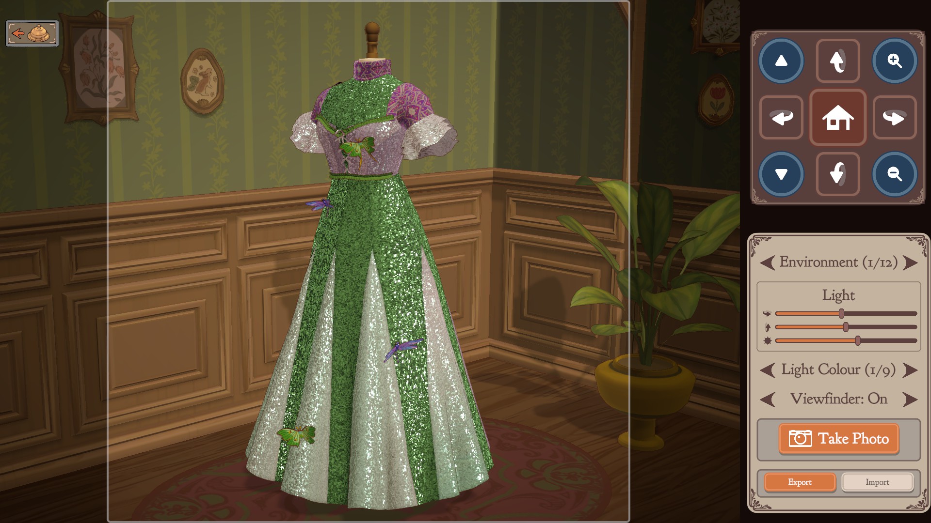A green, white and purple gown with butterfly accessories on a mannequin, photographed in photo mode