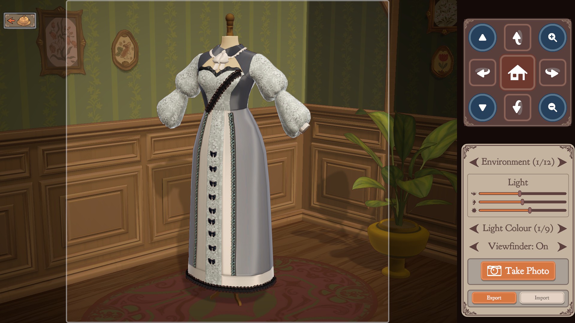 A white and grey gown with dark bow accents on a mannequin, photographed in photo mode