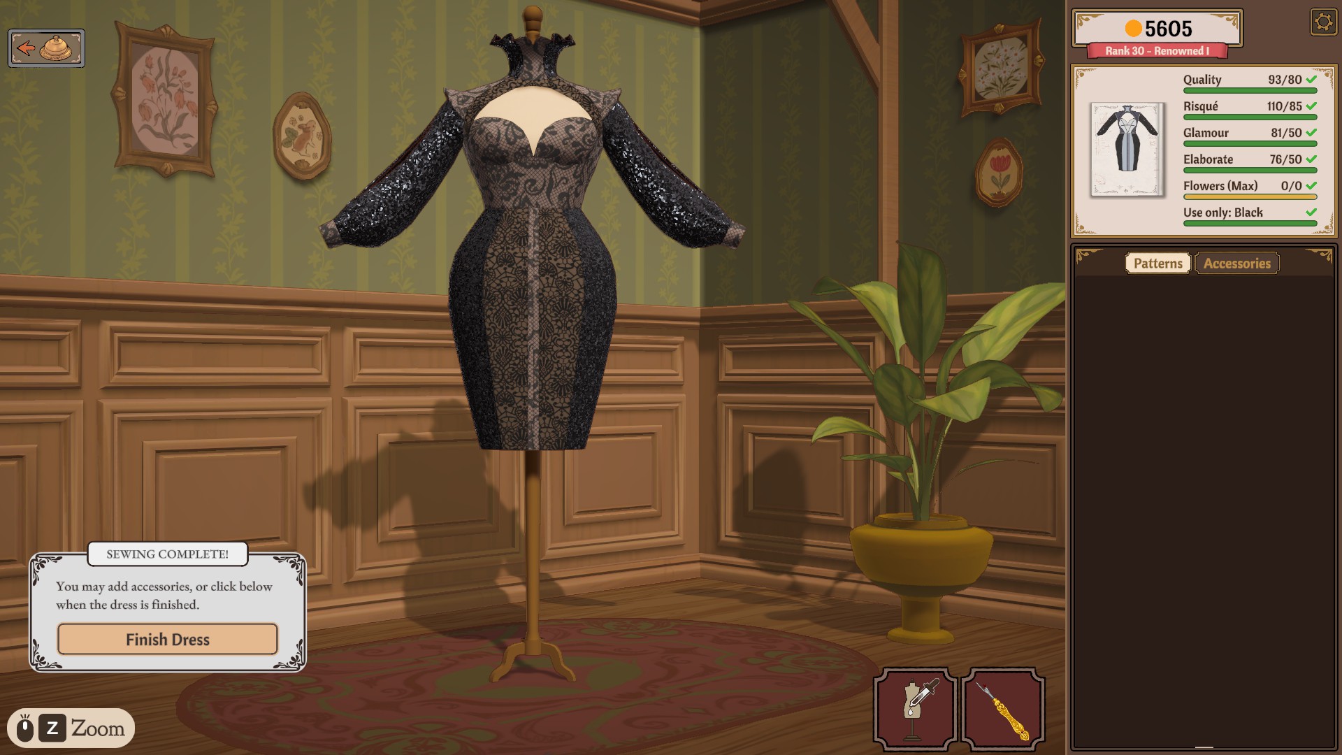A black lace gown on the mannequin with the requirements sidebar showing Quality, Risqué, Glamour and Elaborate rows green plus a Flowers (Max) 0/0 row and a Use only: Black line