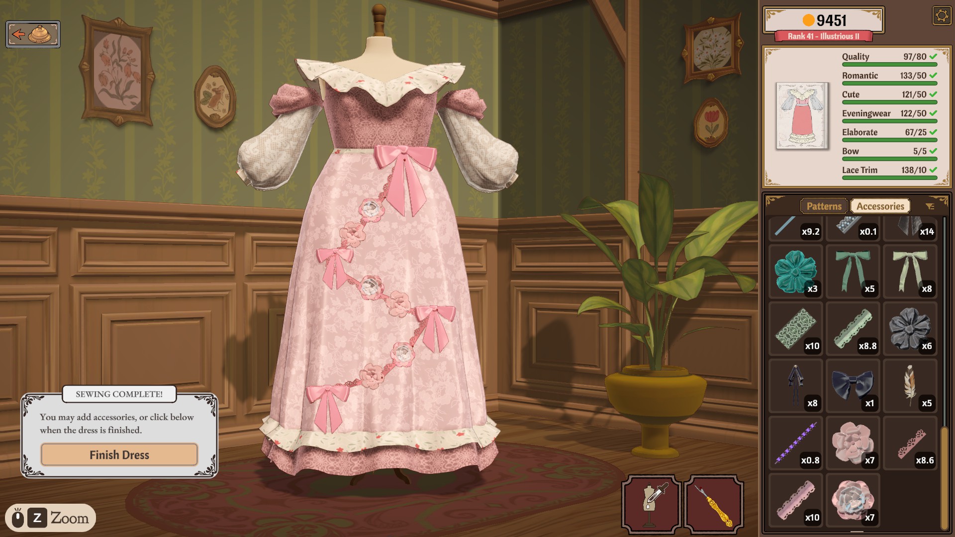 A decorated gown on the mannequin with Bow 5/5 and Lace Trim 138/10 green alongside the four style rows and Quality