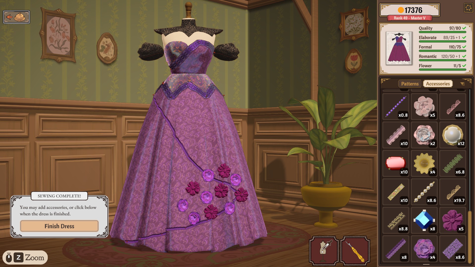 Formal floral dress with Flower 11/5 green, Quality 97/80, and Formal, Romantic and Elaborate requirements at the Finish Dress stage