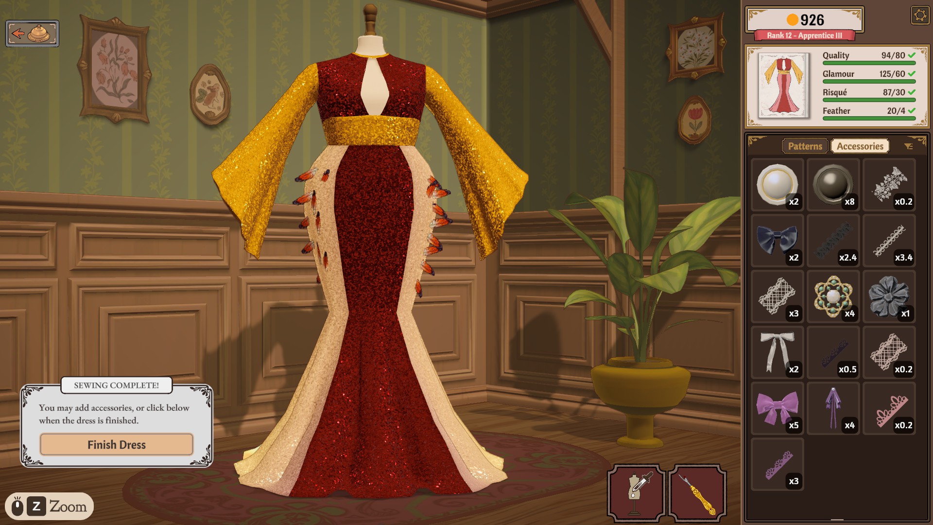 Red and gold phoenix costume with Feather 20/4 green, Quality 94/80, Glamour 125/60 and Risqué 87/30 at Finish Dress