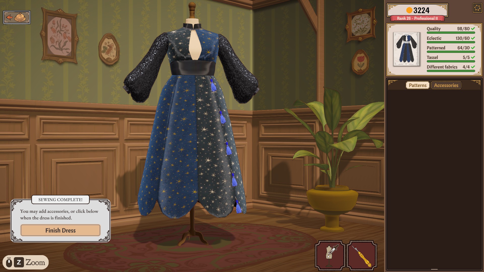 A dress with a starry blue body and black sequin sleeves on the mannequin, requirements sidebar showing Quality, Eclectic, Patterned, Tassel and Different fabrics rows all green beside a Sewing Complete dialog