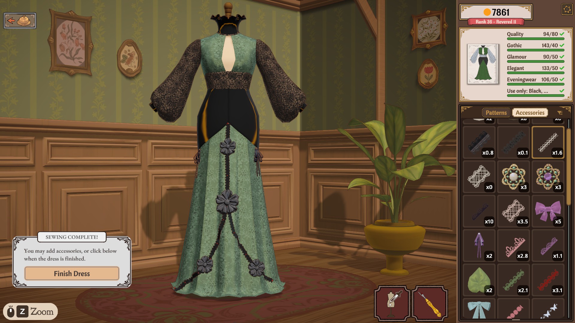 A dark evening gown on the mannequin with the requirements sidebar showing Quality, Gothic, Glamour, Elegant and Eveningwear rows all green beside a truncated Use only line