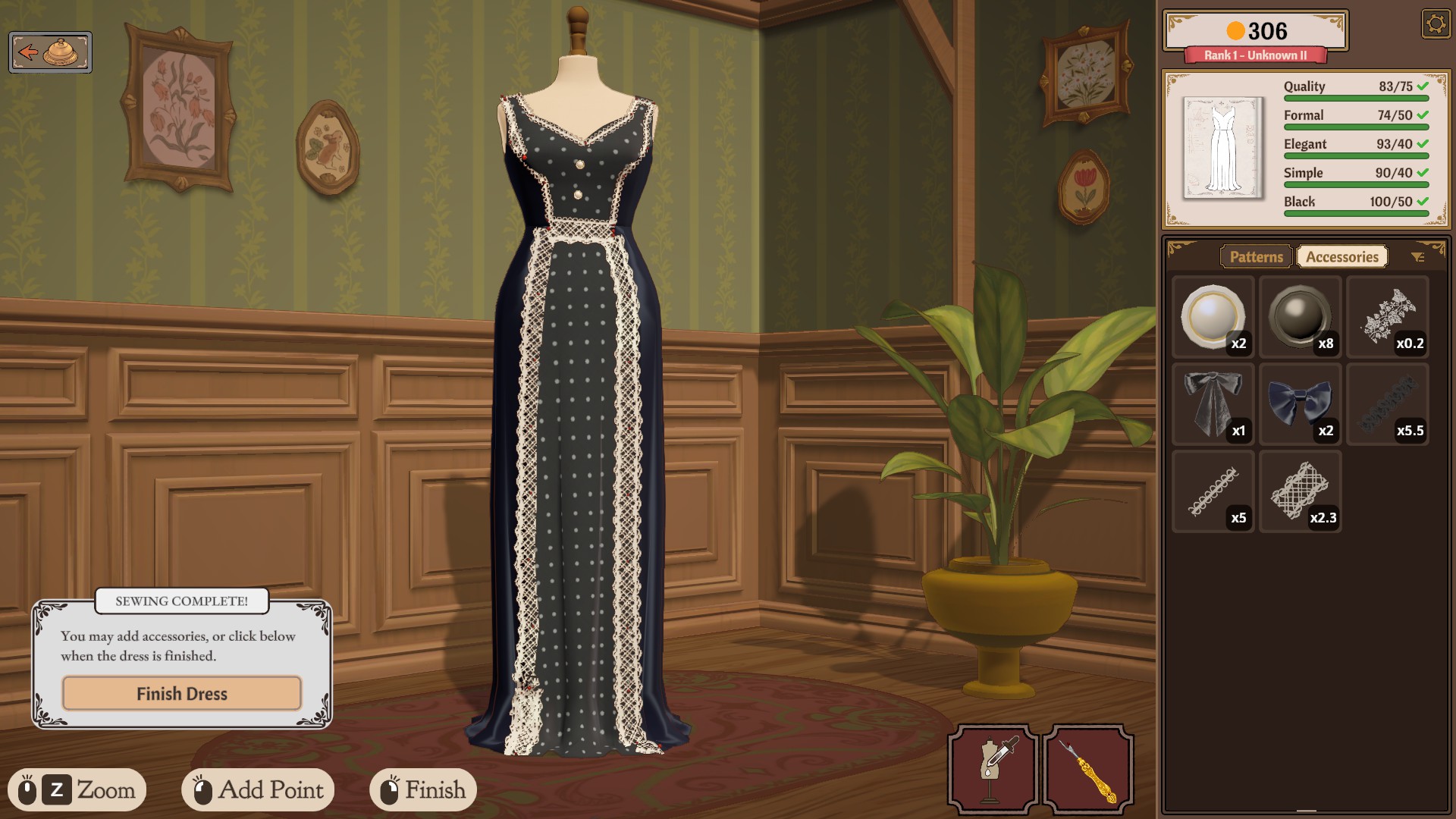 A black dress on the mannequin with the requirements sidebar showing Quality, Formal, Elegant, Simple and Black share rows all green beside a Sewing Complete dialog