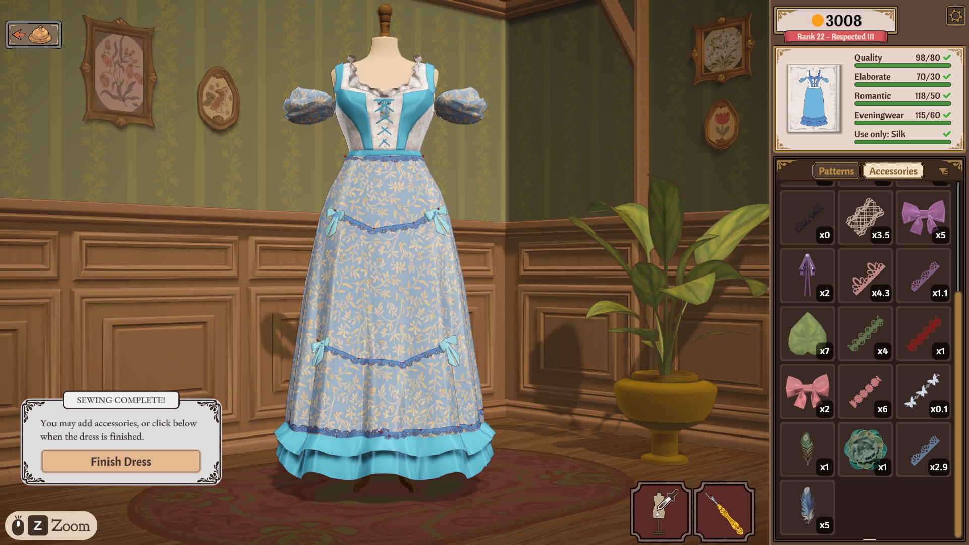 A gown on the mannequin with Elaborate 70/30, Romantic 118/50, Eveningwear 115/60 and Quality 98/80 green under a Use only: Silk rule