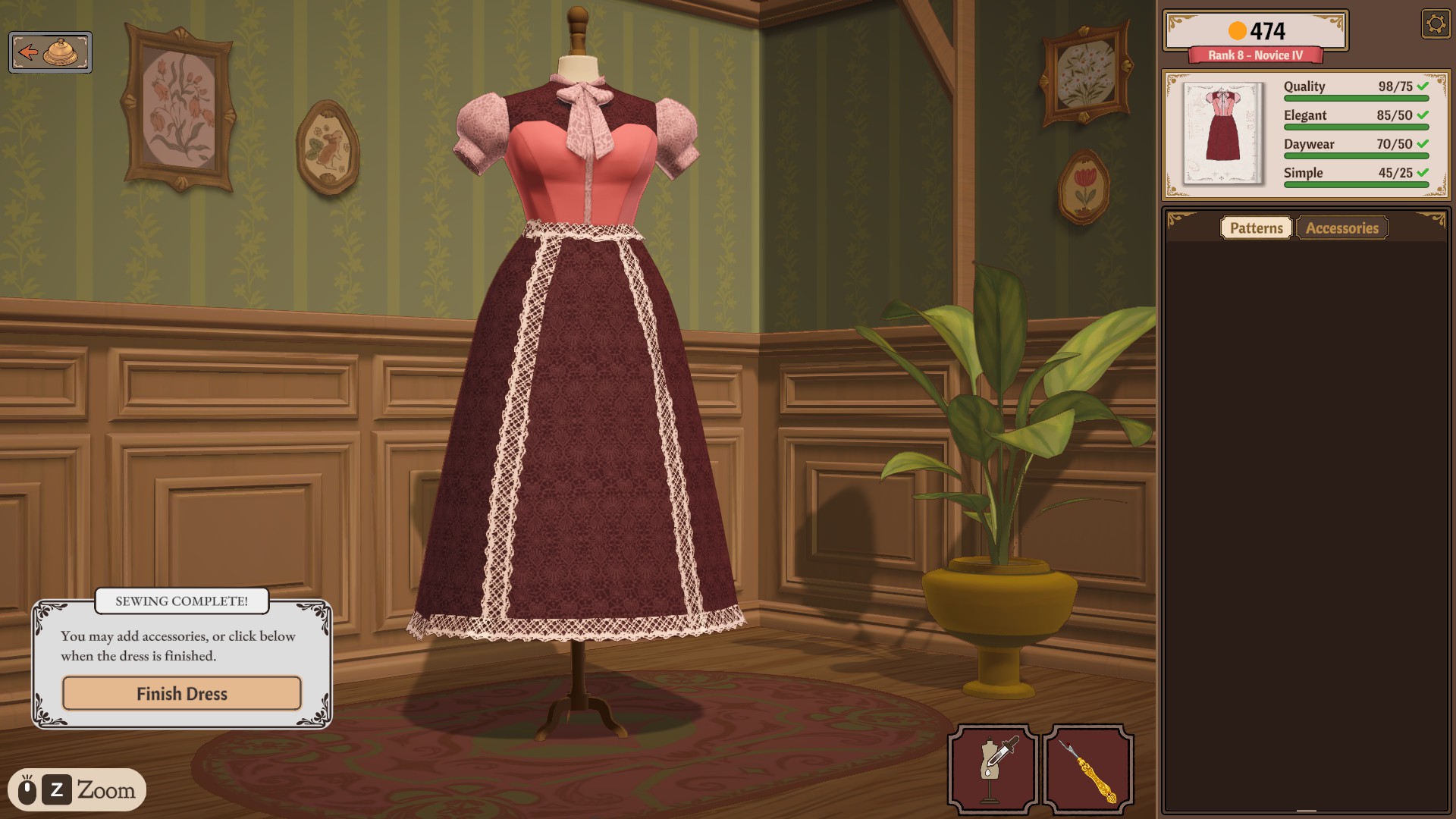 A dress on the mannequin with Quality 98/75, Elegant 85/50, Daywear 70/50 and Simple 45/25 all green beside a Sewing Complete dialog