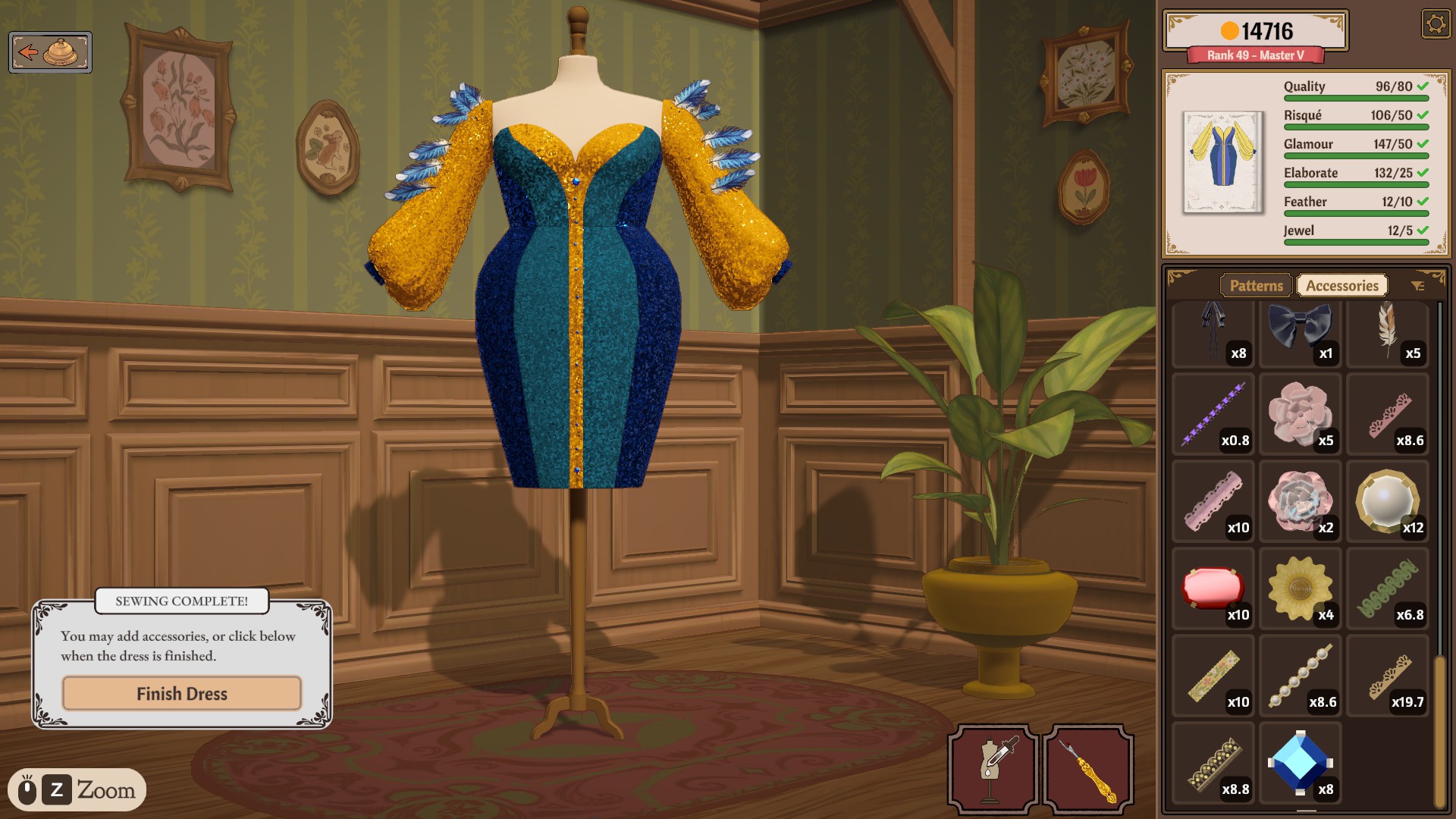 A blue and yellow sequin corset gown with blue feathers on the sleeves, showing Feather 12/10 and Jewel 12/5 green alongside the style and Quality rows
