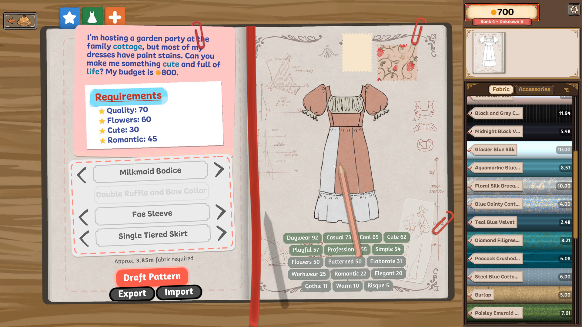 Dressmaker sketchbook showing a commission's requirements beside the current dress design and fabric list