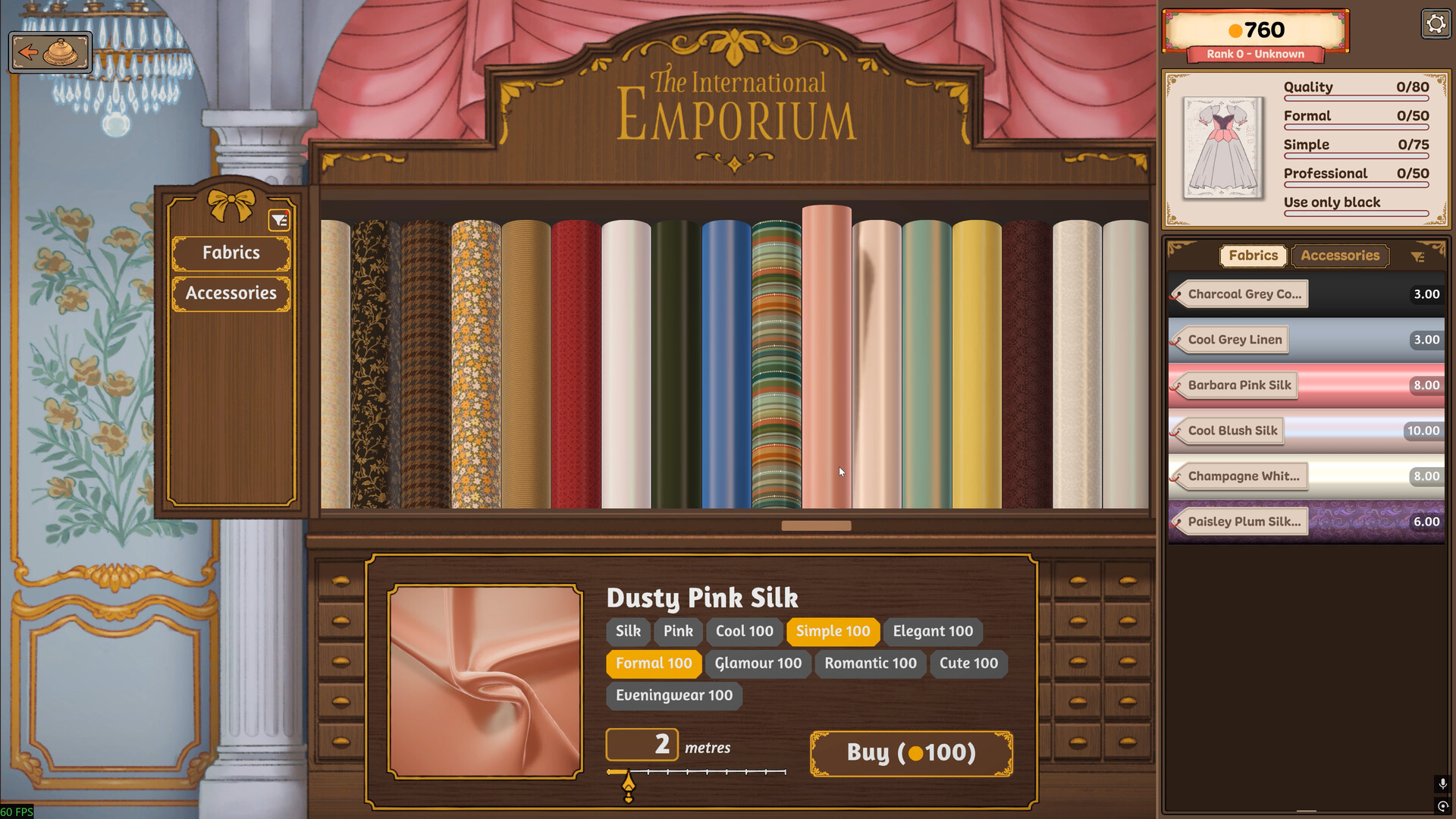 Emporium fabric item details beside a commission card requiring only black fabric while pink silk is selected