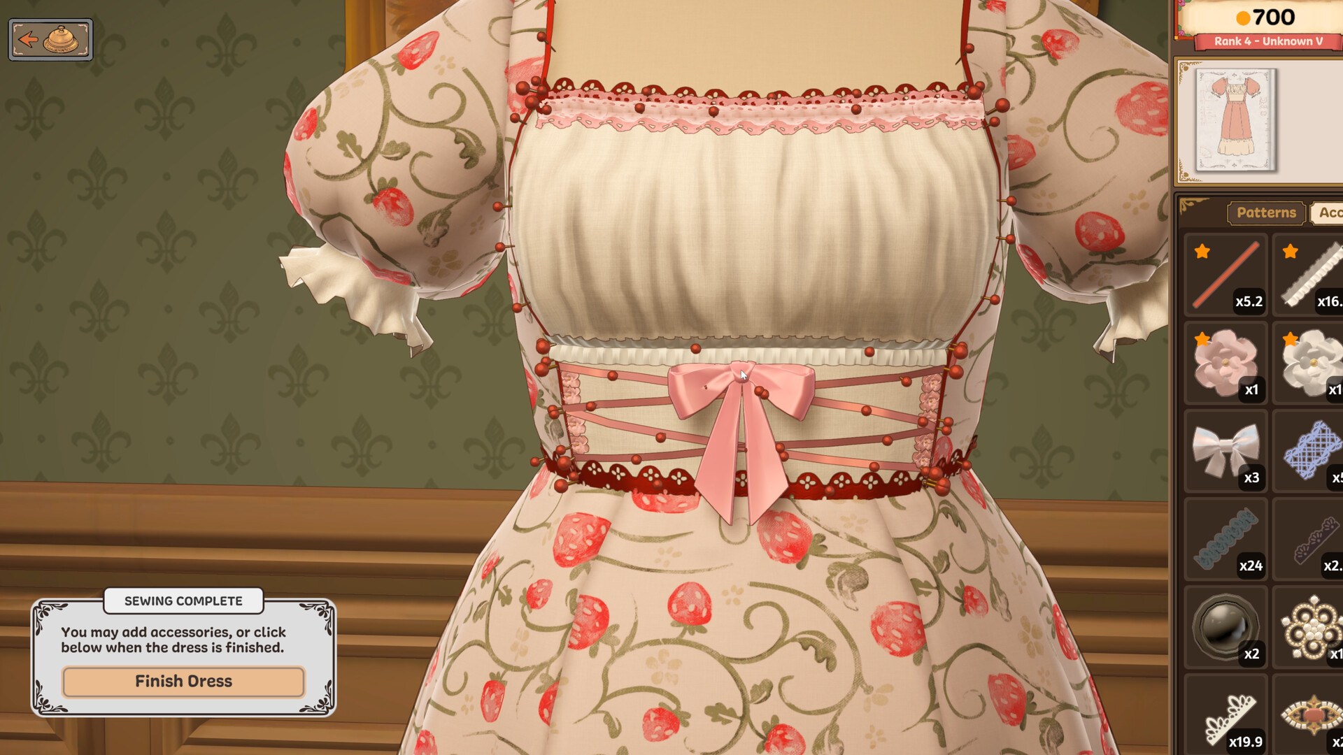 Completed dress on a mannequin with the Accessories inventory and Finish Dress button visible