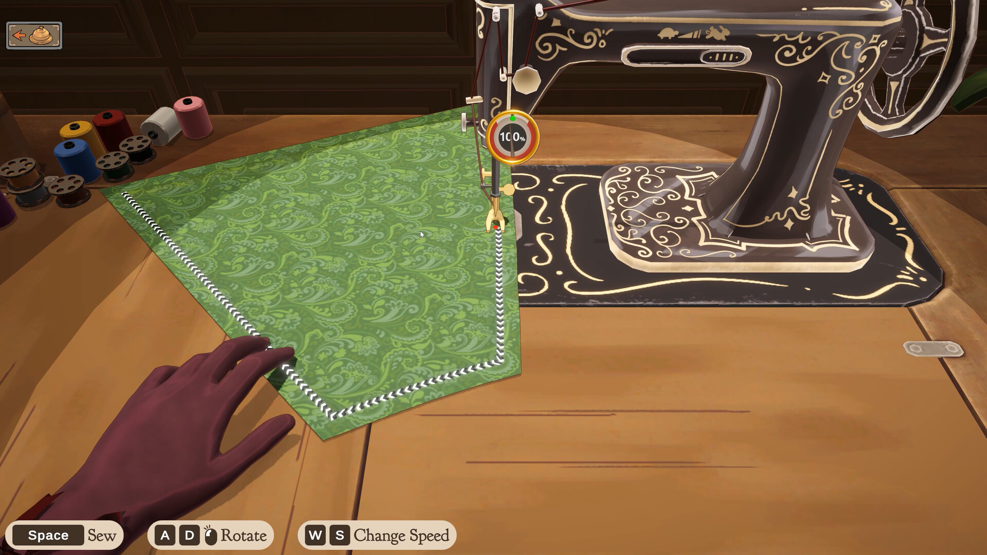 Sewing screen with a seam guide and on-screen Space, A/D and W/S control prompts