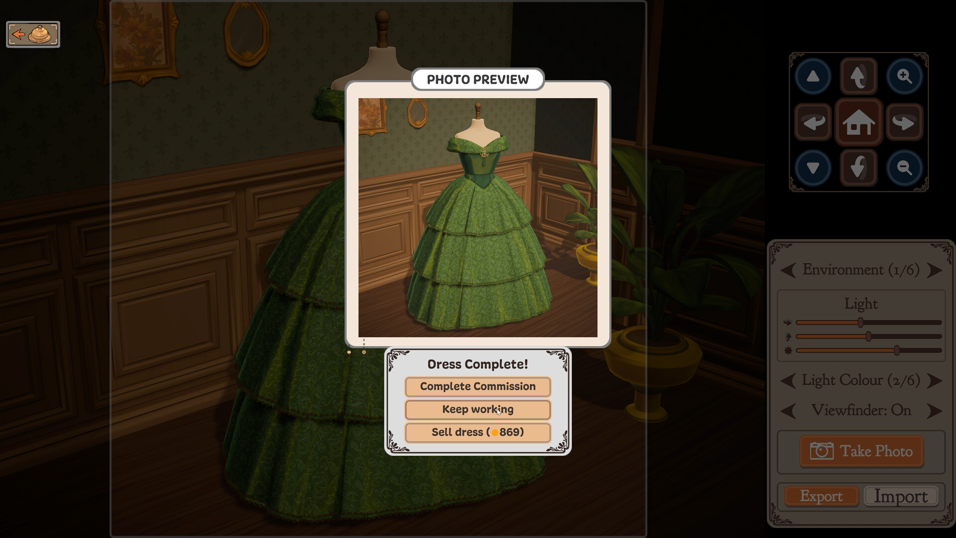 Dress Complete dialog with separate Complete Commission, Keep working and Sell dress buttons