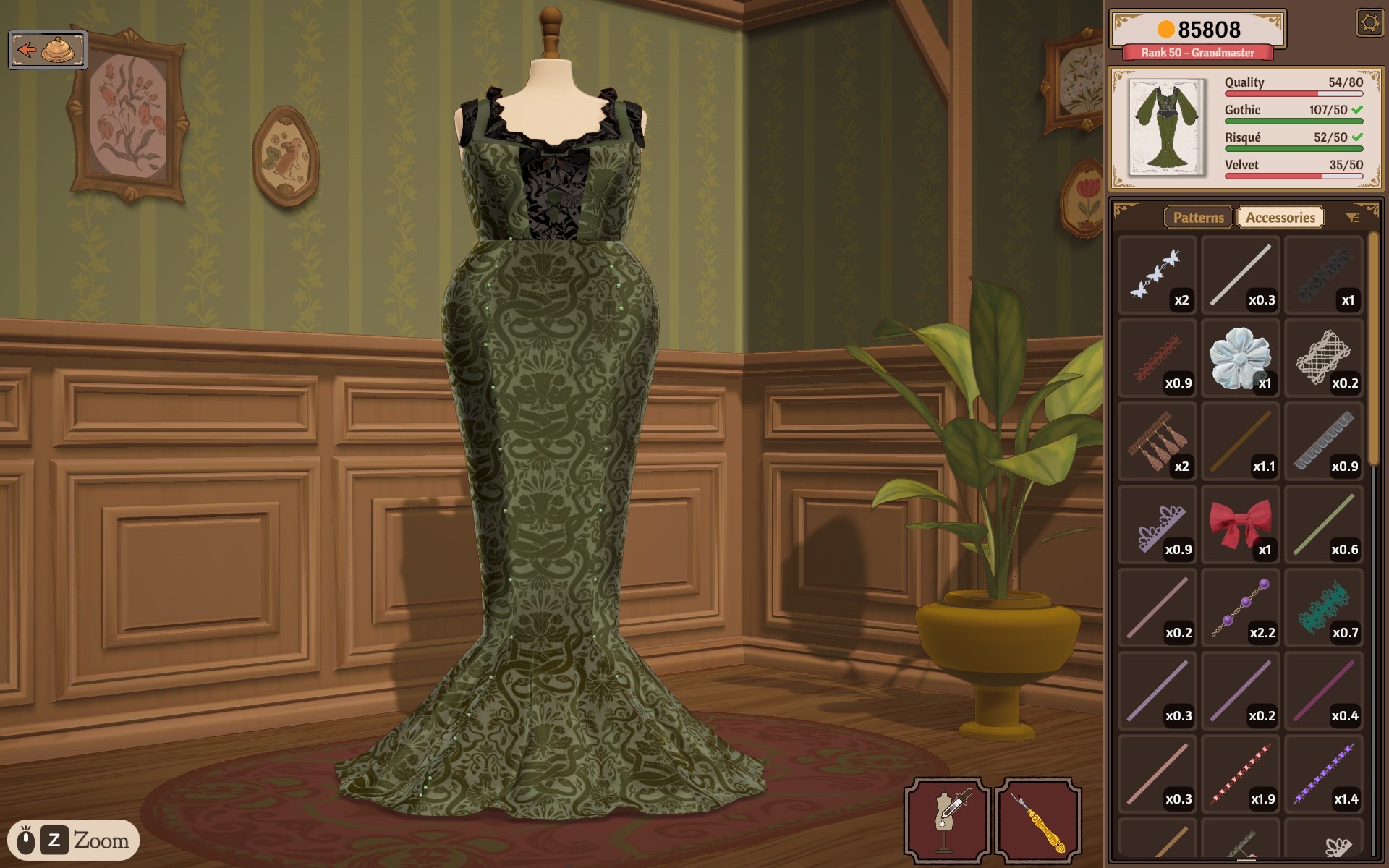 The accessories inventory grid open beside a half-finished dress, tiles showing count and length badges