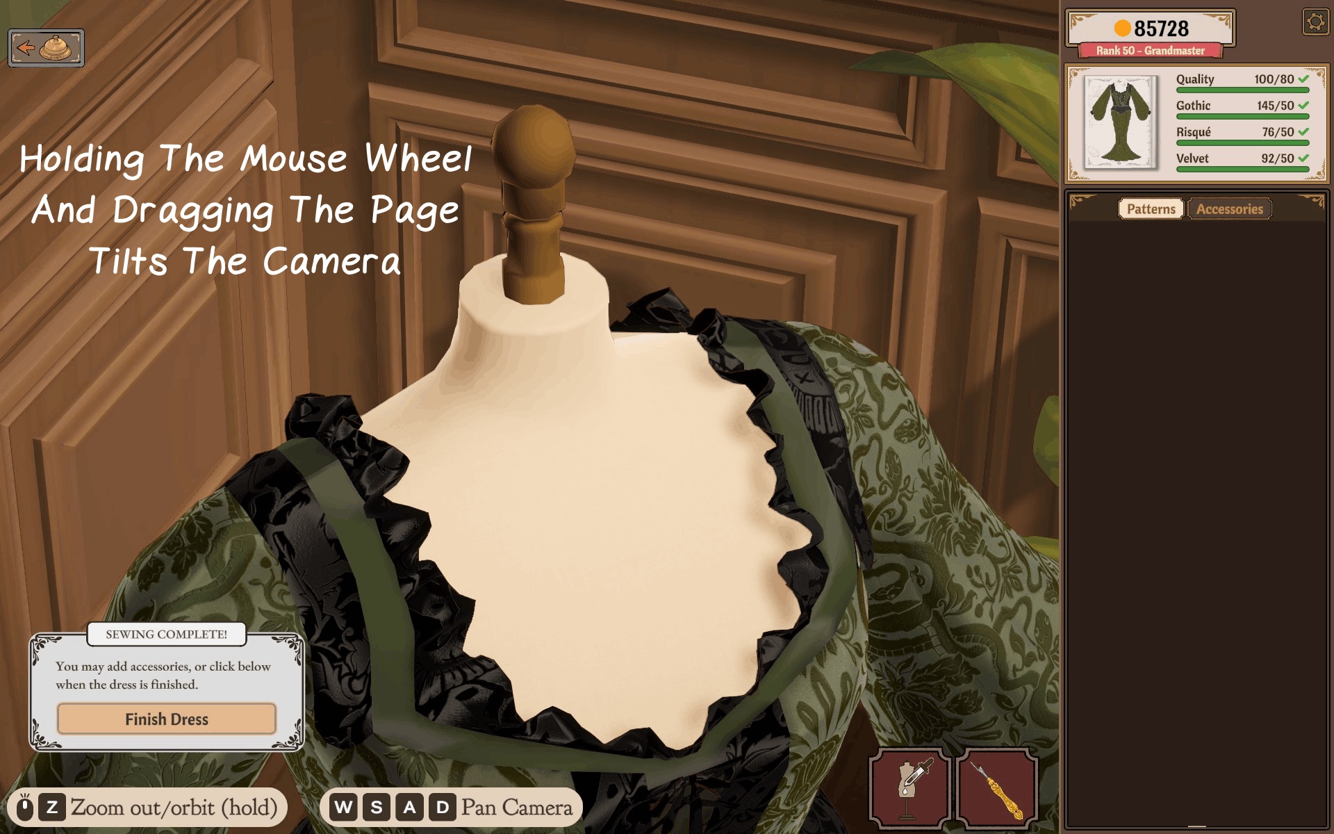 A gown viewed from a tilted camera angle with the author's note that holding the mouse wheel and dragging tilts the camera