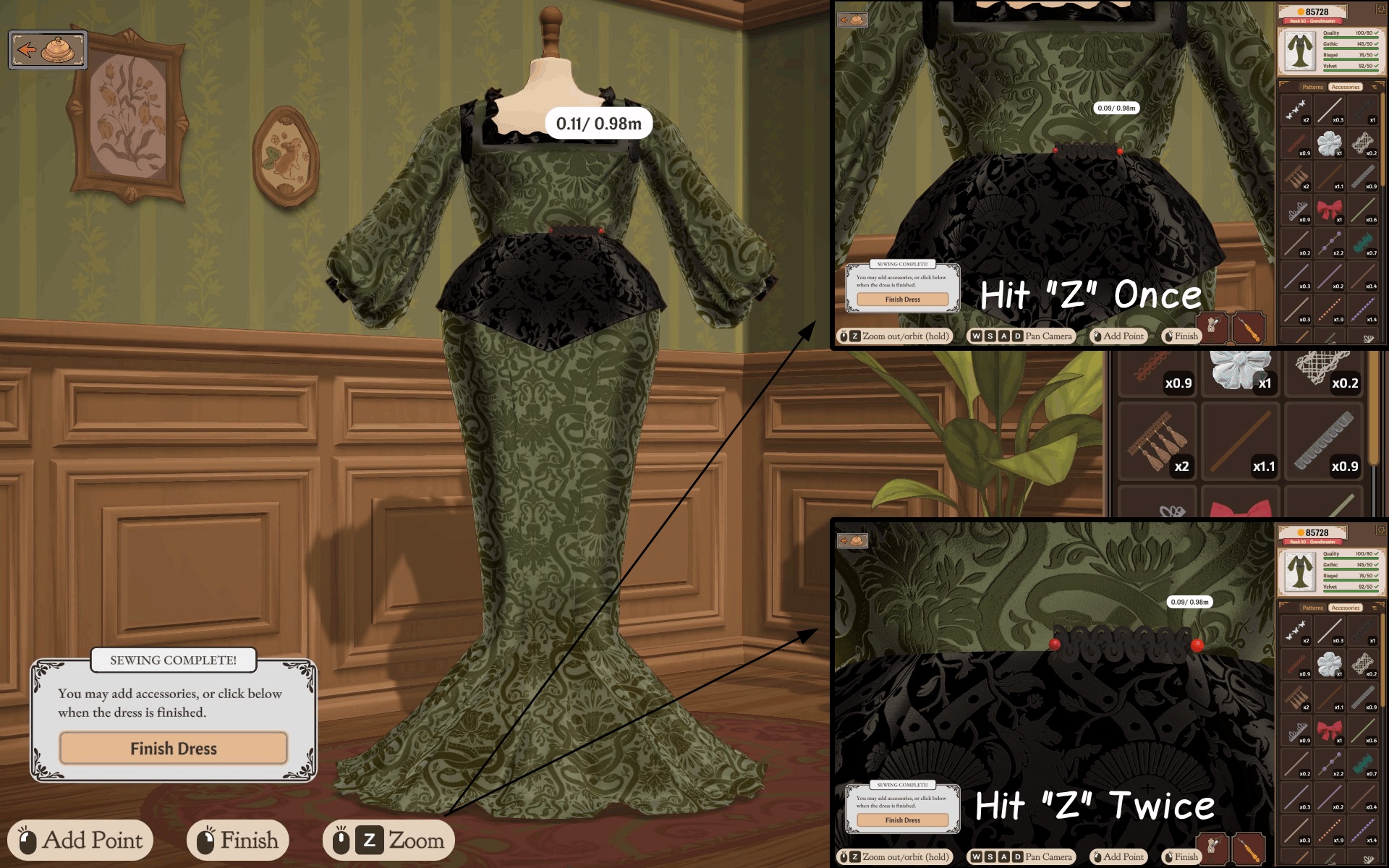 Three views of a gown showing the zoom levels from pressing Z once and twice, with the accessory inventory grid open