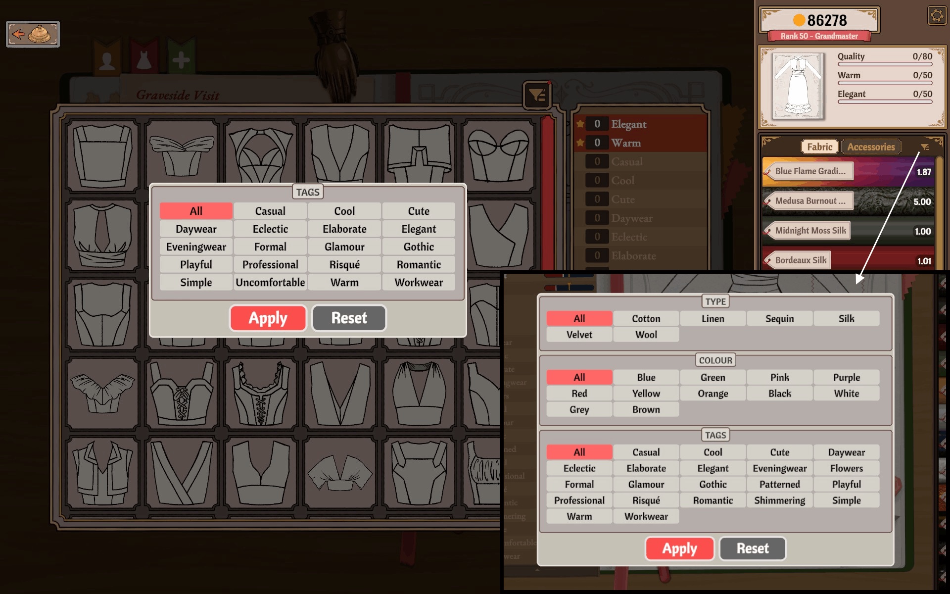 Fabric store with the fabric filter dialog open showing type, colour and tag filter options